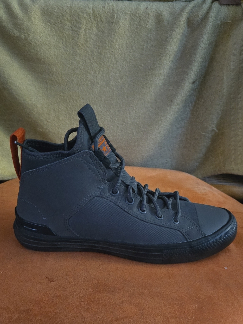 Converse Womens 7.5 Casual High-Top Sneaker in Dark Gray with Orange Pull Tab